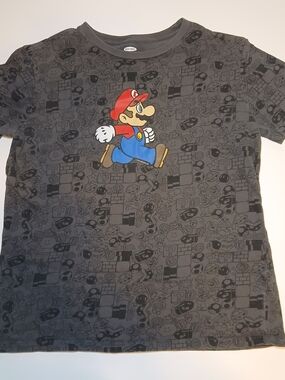 Nintendo Super Mario Boys Black Gray Graphic Tee with Red Blue Accents
